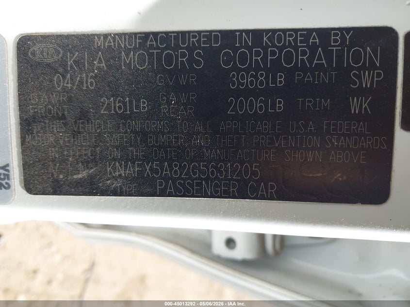 2016 Kia Forte VIN KNAFX5A82G5631205 IAAI salvage auction — FRONT END, Salvage (Arizona), sold $200 on 2026-07-28 (photo 9)