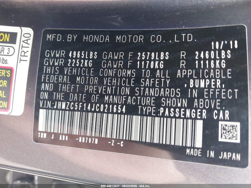 2018 Honda Clarity VIN JHMZC5F14JC021654 IAAI salvage auction — REAR END, Salvage (Massachusetts), sold $6,450 on 2026-07-17 (photo 9)