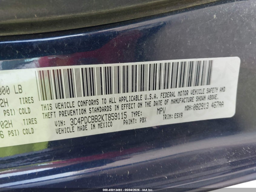 2019 Dodge Journey VIN 3C4PDCBB2KT859115 IAAI salvage auction — SIDE, Salvage (Illinois), sold $1,250 on 2026-07-09 (photo 9)