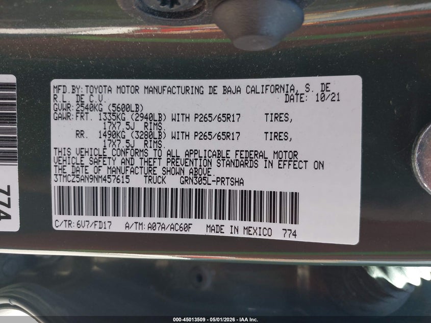 2022 Toyota Tacoma VIN 3TMCZ5AN9NM457615 IAAI salvage auction — REAR END, Salvage (Vermont), sold $14,100 on 2026-08-01 (photo 9)