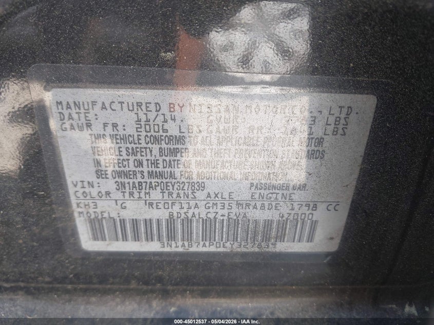 2014 Nissan Sentra VIN 3N1AB7AP0EY327839 IAAI salvage auction — NORMAL WEAR, Clear (Georgia), sold $375 on 2026-07-19 (photo 9)