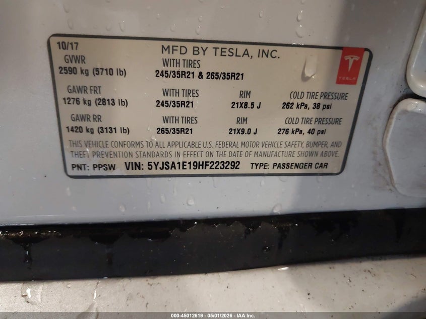 2017 Tesla Model s VIN 5YJSA1E19HF223292 IAAI salvage auction — FRONT END, Salvage (Texas), sold $4,550 on 2026-07-09 (photo 9)