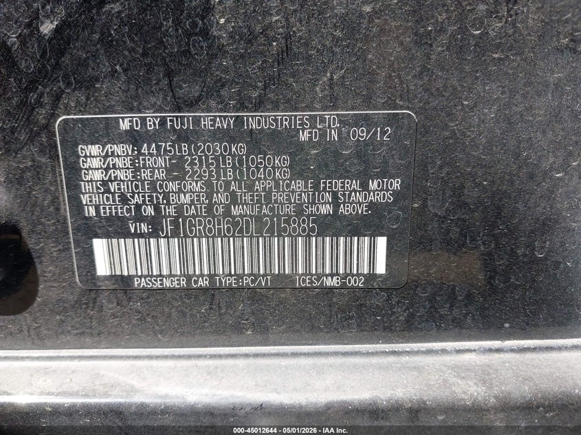 2013 Subaru Impreza wrx VIN JF1GR8H62DL215885 IAAI salvage auction — RIGHT FRONT, Bill Of Sale (Washington), sold $2,950 on 2026-07-21 (photo 9)