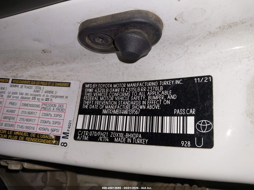 2021 Toyota C-hr VIN NMTKHMBX4MR139567 IAAI salvage auction — FRONT END, Salvage (Oregon), sold $4,250 on 2026-07-09 (photo 9)
