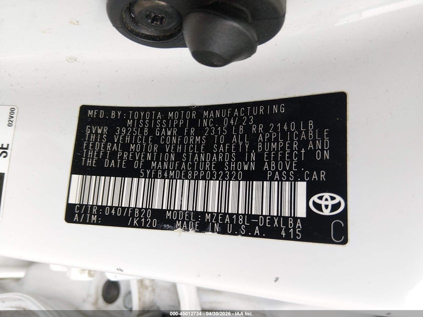 2023 Toyota Corolla VIN 5YFB4MDE8PP032320 IAAI salvage auction — FRONT END, Salvage (Tennessee), sold $2,450 on 2026-07-14 (photo 9)