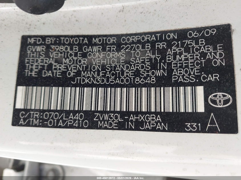 2010 Toyota Prius VIN JTDKN3DU5A0018648 IAAI salvage auction — ROLLOVER, Rebuildable (Florida), sold $575 on 2026-07-09 (photo 9)