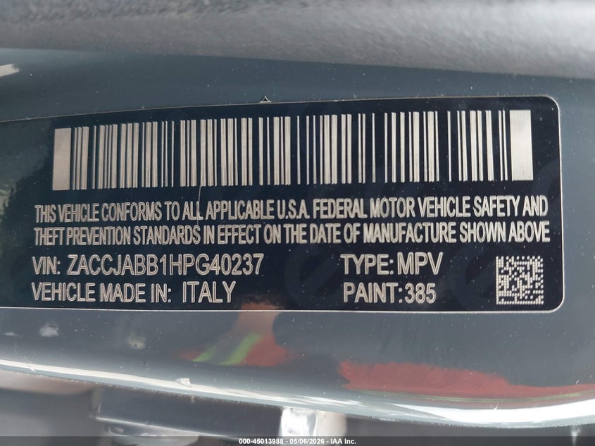 2017 Jeep Renegade VIN ZACCJABB1HPG40237 IAAI salvage auction — FRONT END, Original (Texas), sold $1,200 on 2026-07-21 (photo 9)