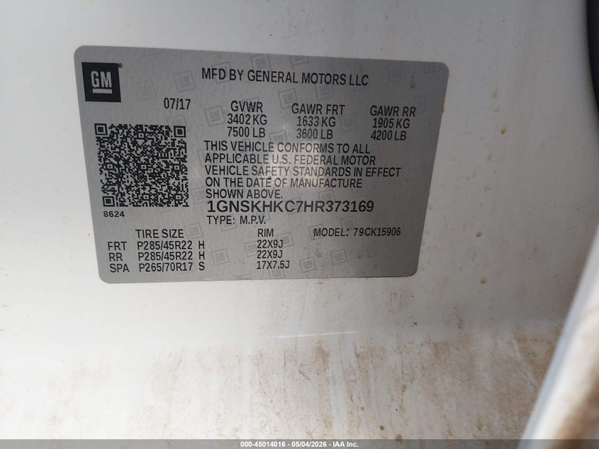 2017 Chevrolet Suburban VIN 1GNSKHKC7HR373169 IAAI salvage auction — FRONT END, Clear (Oklahoma), sold $3,550 on 2026-07-29 (photo 9)