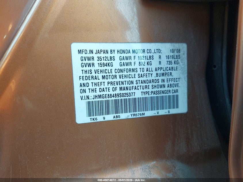 2009 Honda Fit VIN JHMGE88489S025377 IAAI salvage auction — NORMAL WEAR, Salvage (Texas), sold $725 on 2026-07-17 (photo 9)