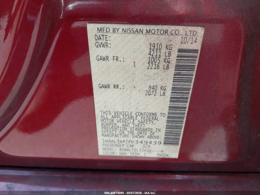 2015 Nissan Altima VIN 1N4AL3AP7FN349439 IAAI salvage auction — LEFT FRONT, Salvage Title, sold $550 on 2026-07-10 (photo 9)