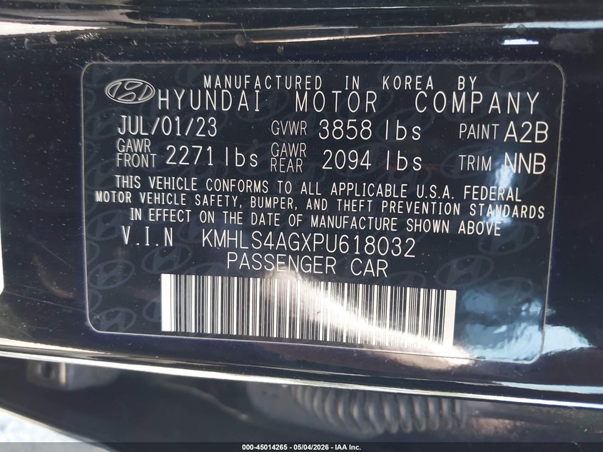 2023 Hyundai Elantra VIN KMHLS4AGXPU618032 IAAI salvage auction — FRONT END, Salvage (Georgia), sold $3,250 on 2026-07-22 (photo 9)