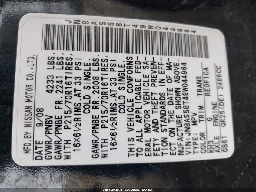 2009 Nissan Rogue VIN JN8AS58T49W044964 IAAI salvage auction — FRONT END, Clear (Wyoming), sold $175 on 2026-07-08 (photo 9)