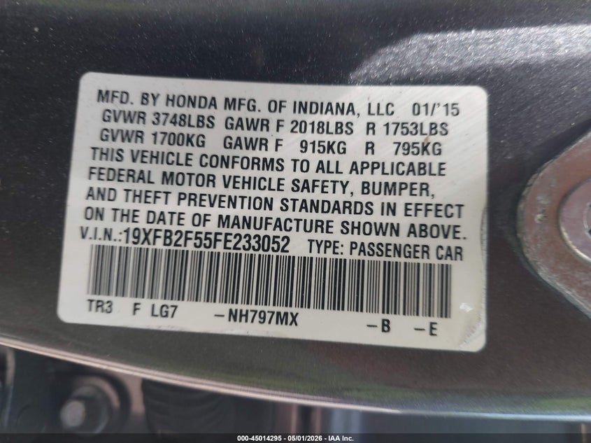 2015 Honda Civic VIN 19XFB2F55FE233052 IAAI salvage auction — FRONT & REAR, Salvage - Greater Than 75% (Maryland), sold $1,650 on 2026-07-31 (photo 9)