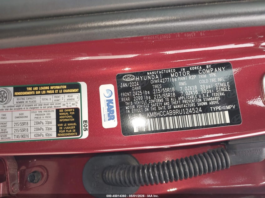 2024 Hyundai Kona VIN KM8HCCAB9RU124524 IAAI salvage auction — REAR END, Wait Title, sold $9,100 on 2026-07-09 (photo 9)