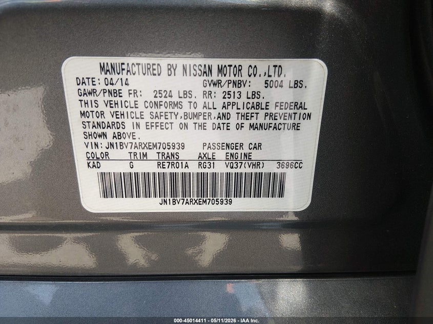 2014 Infiniti Q50 VIN JN1BV7ARXEM705939 IAAI salvage auction — REAR END, Salvage (Tennessee), sold $3,600 on 2026-07-14 (photo 9)