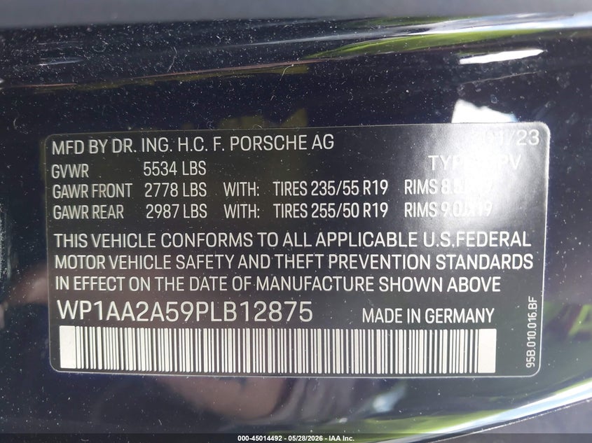 2023 Porsche Macan VIN WP1AA2A59PLB12875 IAAI salvage auction — REAR END, Salvage Title, sold $28,350 on 2026-07-28 (photo 9)