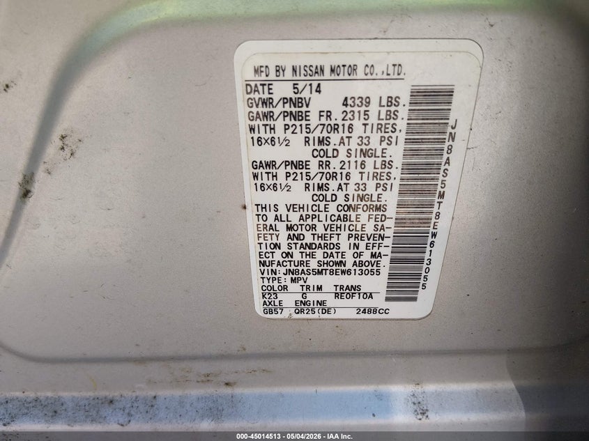 2014 Nissan Rogue VIN JN8AS5MT8EW613055 IAAI salvage auction — ROLLOVER, Salvage (Louisiana), sold $100 on 2026-07-22 (photo 9)