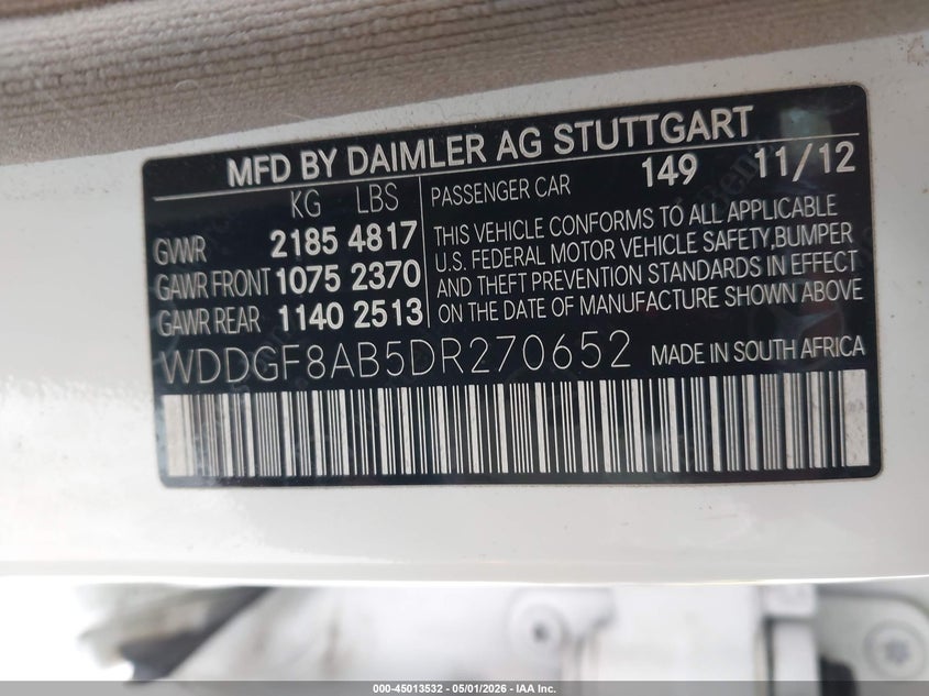 2013 Mercedes-benz C-klasse VIN WDDGF8AB5DR270652 IAAI salvage auction — NORMAL WEAR, Original (Ohio), sold $25 on 2026-07-29 (photo 9)