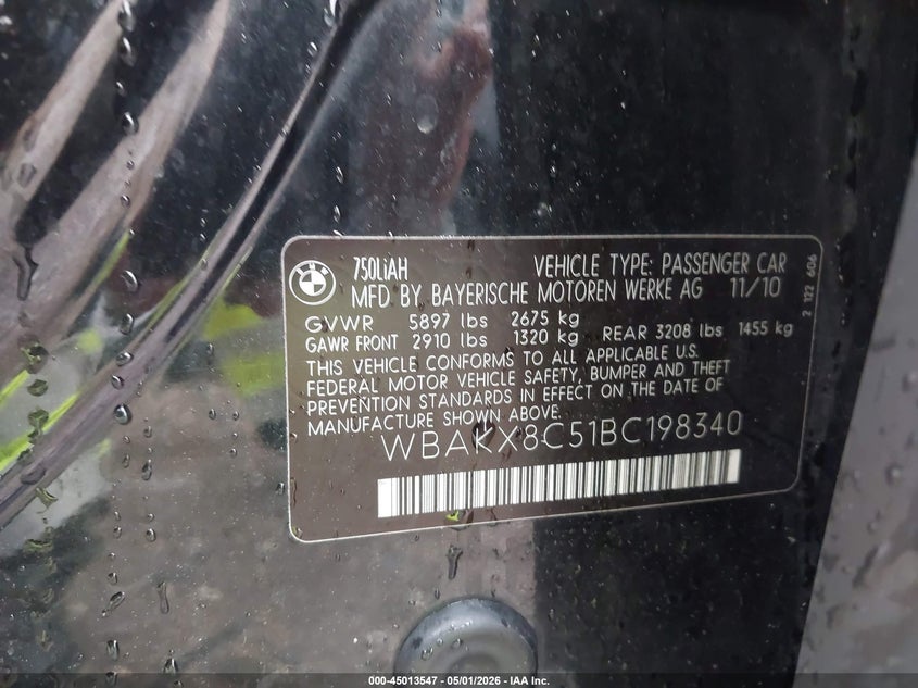 2011 BMW 7er VIN WBAKX8C51BC198340 IAAI salvage auction — RIGHT FRONT, Salvage (Texas), sold $1,400 on 2026-07-16 (photo 9)