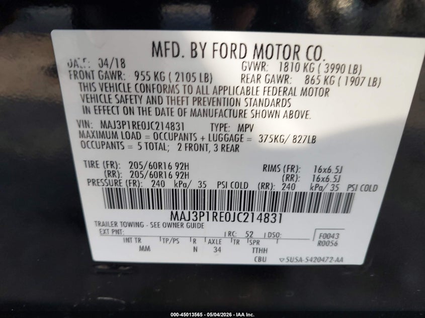 2018 Ford Ecosport VIN MAJ3P1RE0JC214831 IAAI salvage auction — RIGHT FRONT, Salvage (Texas), sold $1,200 on 2026-07-15 (photo 9)