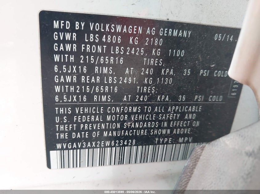2014 Volkswagen Tiguan VIN WVGAV3AX2EW623428 IAAI salvage auction — FRONT END, Salvage (Texas), sold $300 on 2026-07-22 (photo 9)