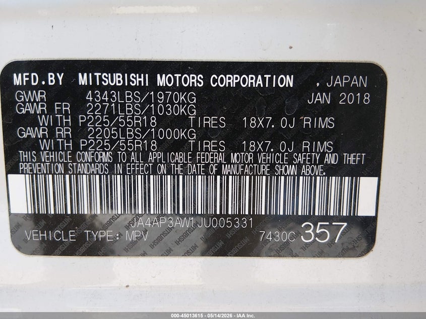 2018 Mitsubishi Outlander VIN JA4AP3AW1JU005331 IAAI salvage auction — LEFT FRONT, Salvage (Nevada), sold $3,300 on 2026-07-10 (photo 9)