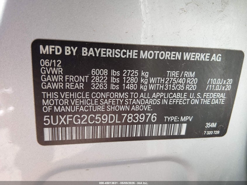 2013 BMW X6 VIN 5UXFG2C59DL783976 IAAI salvage auction — HAIL, Junk Bill Of Sale Mv2459 (Wisconsin), sold $1,250 on 2026-07-22 (photo 9)