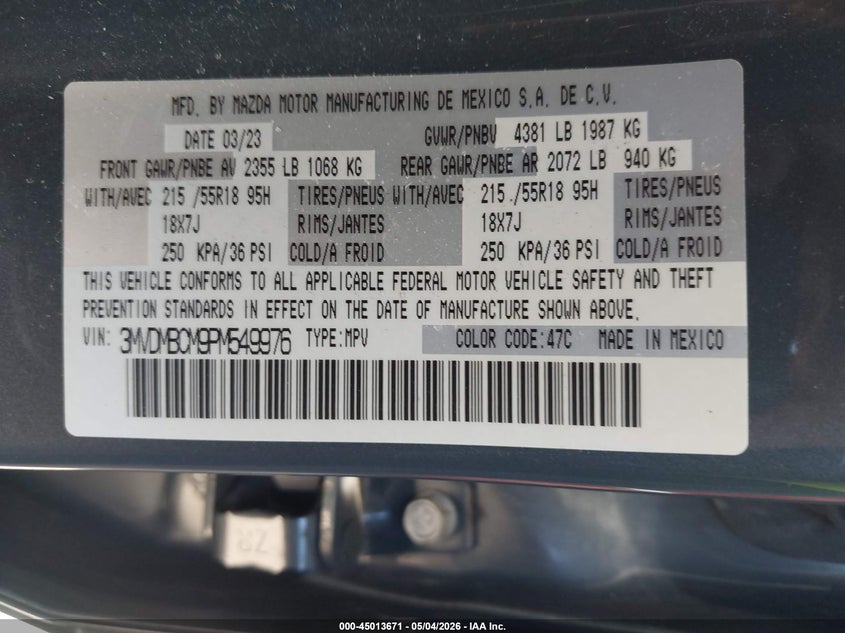 2023 Mazda Cx-30 VIN 3MVDMBCM9PM549976 IAAI salvage auction — HAIL, Salvage (Ohio), sold $25 on 2026-07-21 (photo 9)