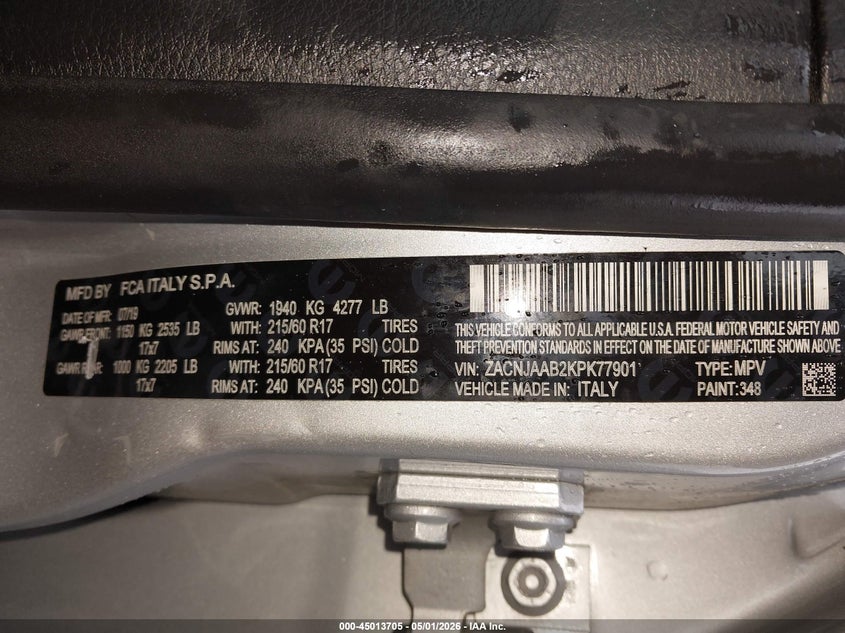 2019 Jeep Renegade VIN ZACNJAAB2KPK77901 IAAI salvage auction — LEFT REAR, Salvage (Louisiana), sold $900 on 2026-07-08 (photo 9)