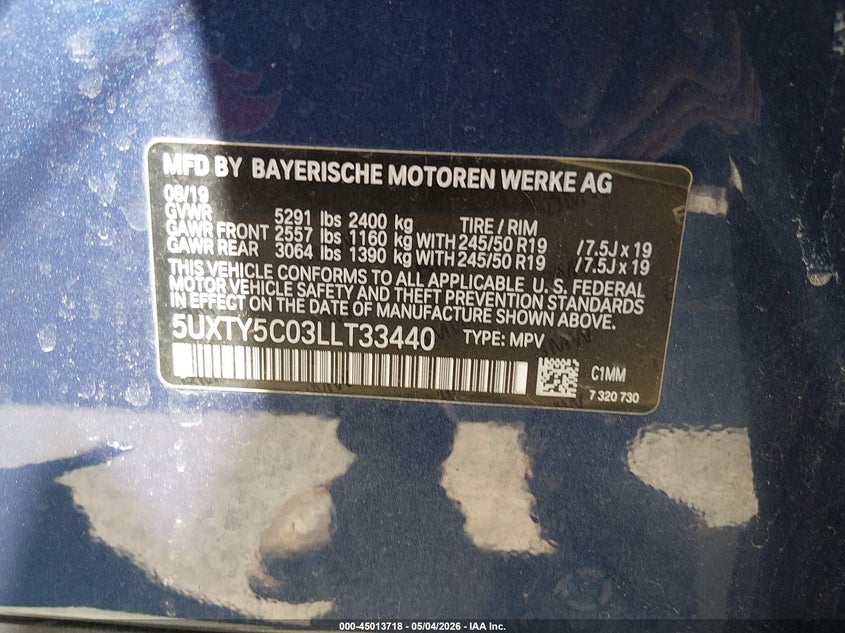 2020 BMW X3 VIN 5UXTY5C03LLT33440 IAAI salvage auction — ELECTRICAL, Salvage (Connecticut), sold $8,950 on 2026-07-16 (photo 9)