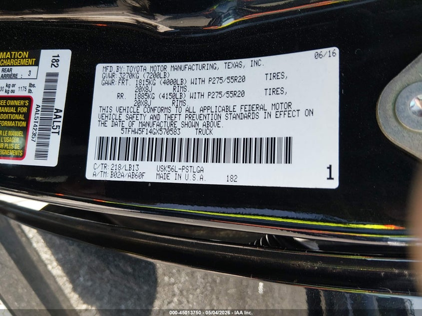 2016 Toyota Tundra VIN 5TFHW5F14GX570583 IAAI salvage auction — FRONT END, Salvage (South Carolina), sold $8,200 on 2026-07-09 (photo 9)