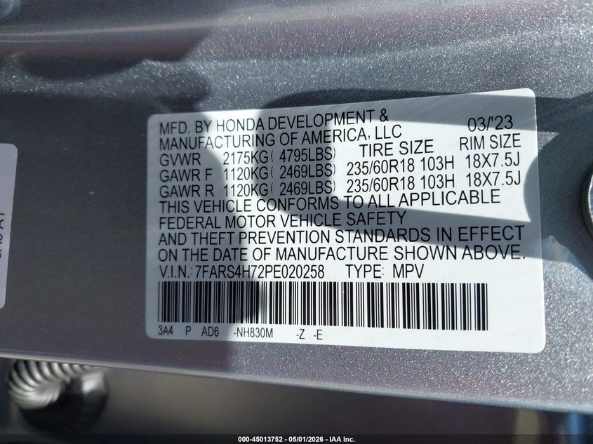 2023 Honda Cr-v VIN 7FARS4H72PE020258 IAAI salvage auction — FRONT END, Wait Title, sold $10,200 on 2026-07-27 (photo 9)