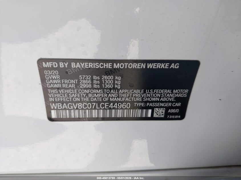 2020 BMW 8er VIN WBAGV8C07LCE44960 IAAI salvage auction — REAR END, Salvage (California), sold $23,500 on 2026-07-25 (photo 9)