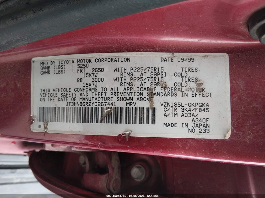 2000 Toyota 4runner VIN JT3HN86R2Y0267441 IAAI salvage auction — FRONT END, Salvage (New Mexico), sold $675 on 2026-07-13 (photo 9)