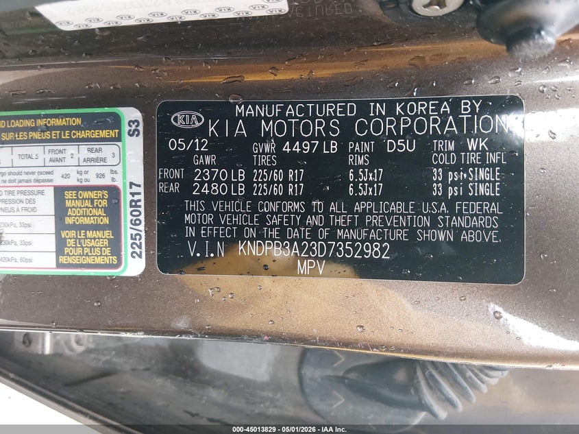 2013 Kia Sportage VIN KNDPB3A23D7352982 IAAI salvage auction — ALL OVER, Wait Title, sold $375 on 2026-07-13 (photo 9)
