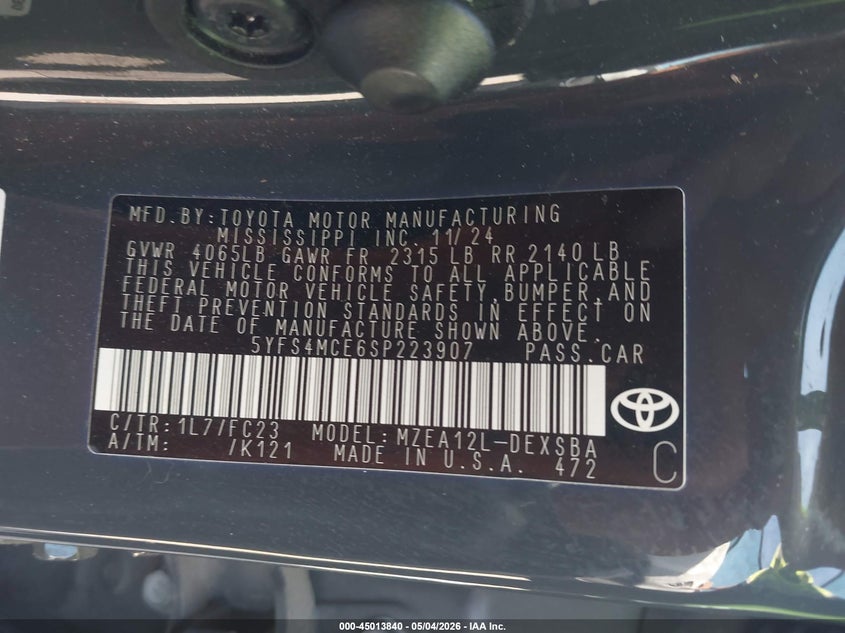 2025 Toyota Corolla VIN 5YFS4MCE6SP223907 IAAI salvage auction — REAR END, Wait Title, sold $6,400 on 2026-07-16 (photo 9)