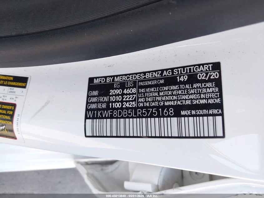 2020 Mercedes-benz C-klasse VIN W1KWF8DB5LR575168 IAAI salvage auction — LEFT SIDE, Salvage Certificate (California), sold $10,900 on 2026-07-29 (photo 9)