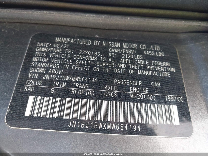 2021 Nissan Rogue VIN JN1BJ1BWXMW664194 IAAI salvage auction — REAR END, Salvage (Ohio), sold $4,050 on 2026-07-15 (photo 9)