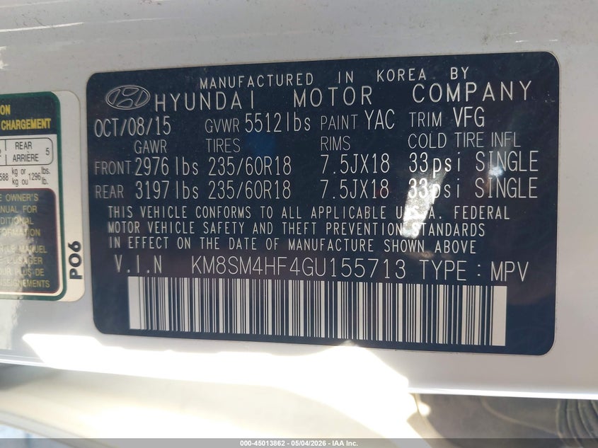 2016 Hyundai Santa fe VIN KM8SM4HF4GU155713 IAAI salvage auction — LEFT FRONT, Salvage (Iowa), sold $1,550 on 2026-07-21 (photo 9)
