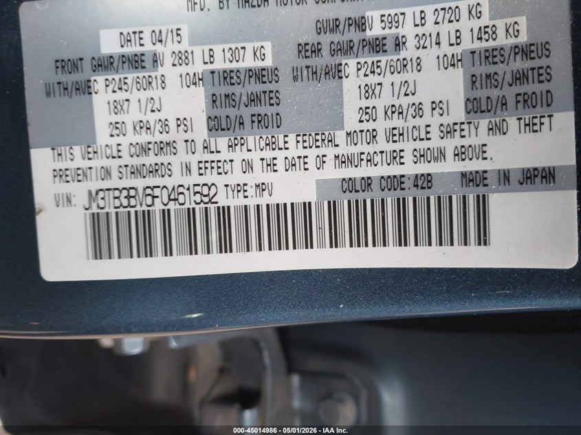 2015 Mazda Cx-9 VIN JM3TB3BV6F0461592 IAAI salvage auction — FRONT END, Wait Title, sold $25 on 2026-07-10 (photo 9)