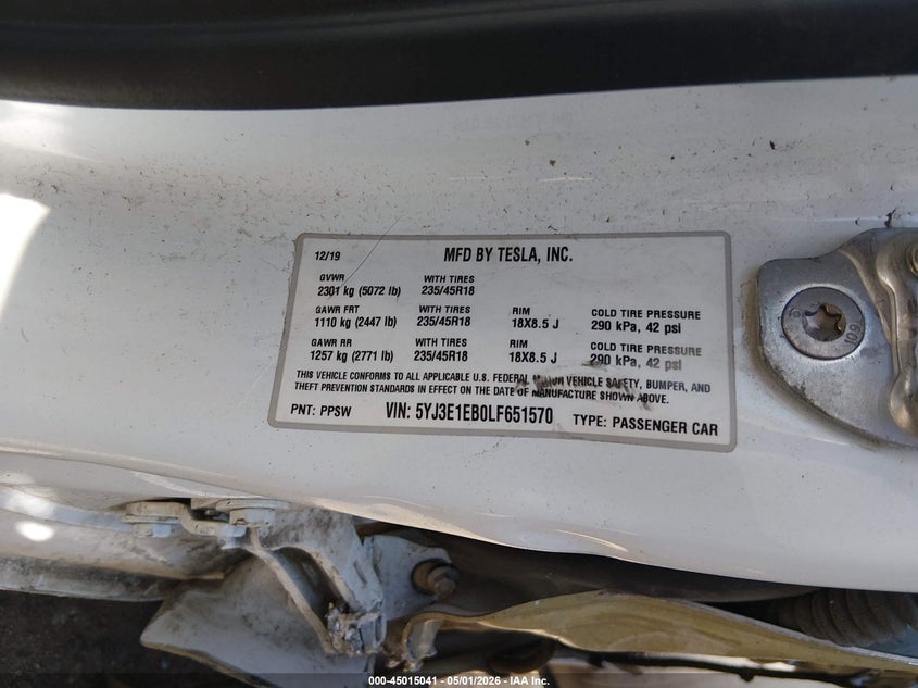2020 Tesla Model 3 VIN 5YJ3E1EB0LF651570 IAAI salvage auction — LEFT SIDE, Salvage (Colorado), sold $2,850 on 2026-07-30 (photo 9)