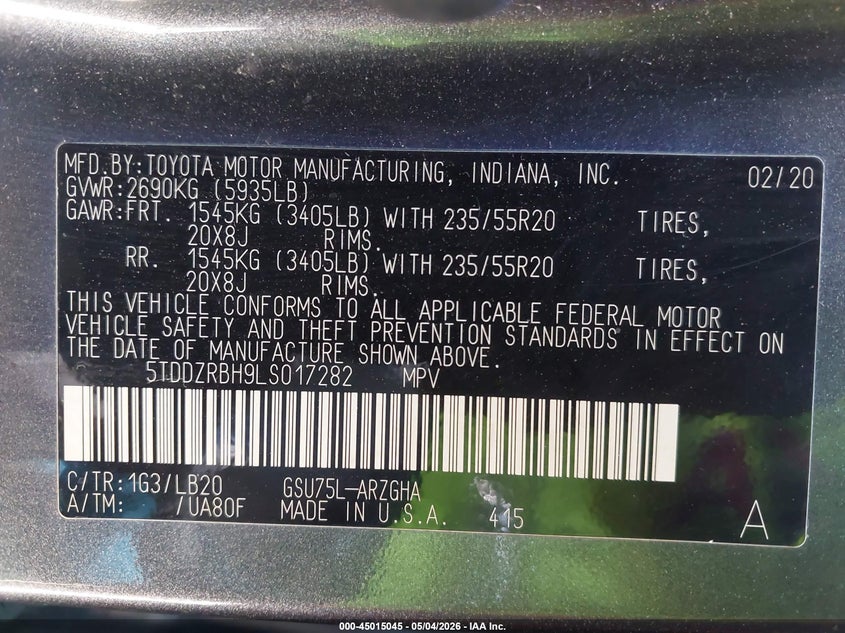 2020 Toyota Highlander VIN 5TDDZRBH9LS017282 IAAI salvage auction — FRONT END, Salvage - Greater Than 75% (Maryland), sold $8,600 on 2026-07-21 (photo 9)