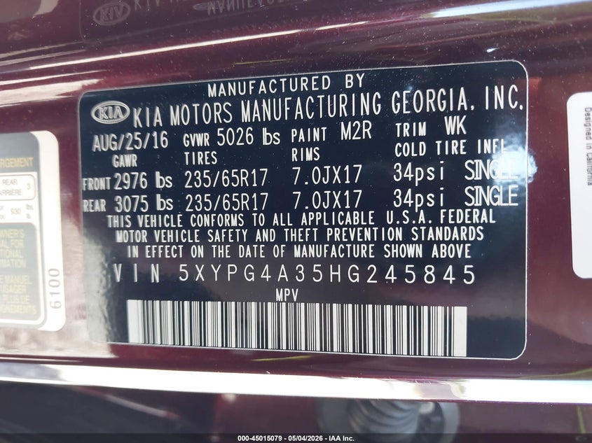 2017 Kia Sorento VIN 5XYPG4A35HG245845 IAAI salvage auction — FRONT END, Salvage (South Carolina), sold $1,800 on 2026-07-08 (photo 9)