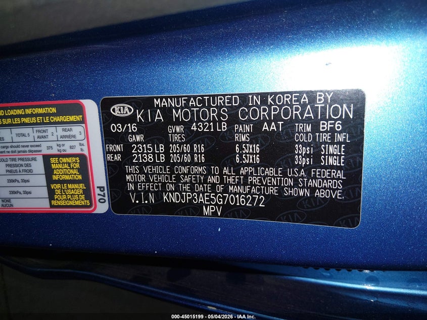 2016 Kia Soul ev + VIN KNDJP3AE5G7016272 IAAI salvage auction — FRONT END, Salvage (Arizona), sold $225 on 2026-07-23 (photo 9)