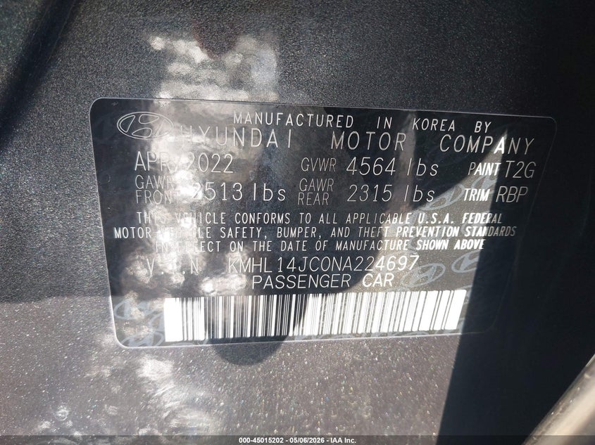 2022 Hyundai Sonata VIN KMHL14JC0NA224697 IAAI salvage auction — REAR END, Salvage (Idaho), sold $7,900 on 2026-07-31 (photo 9)