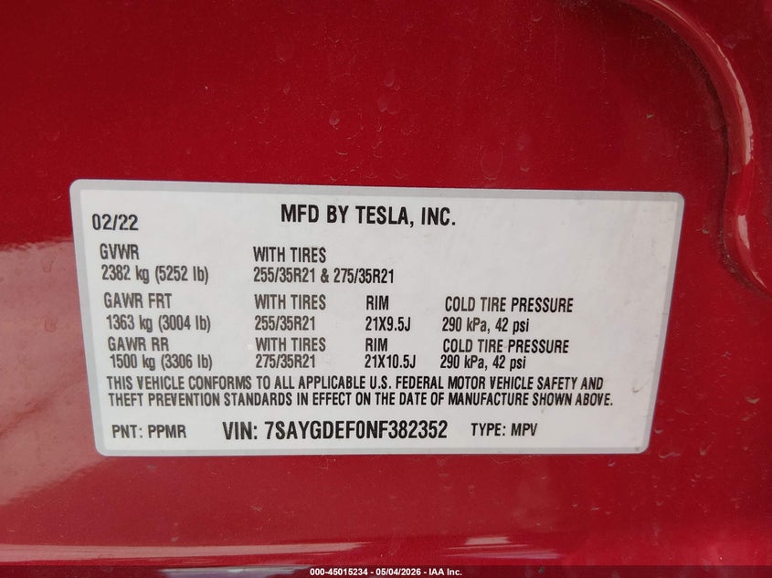 2022 Tesla Model y VIN 7SAYGDEF0NF382352 IAAI salvage auction — SIDE, Salvage Title, sold $10,600 on 2026-07-12 (photo 9)