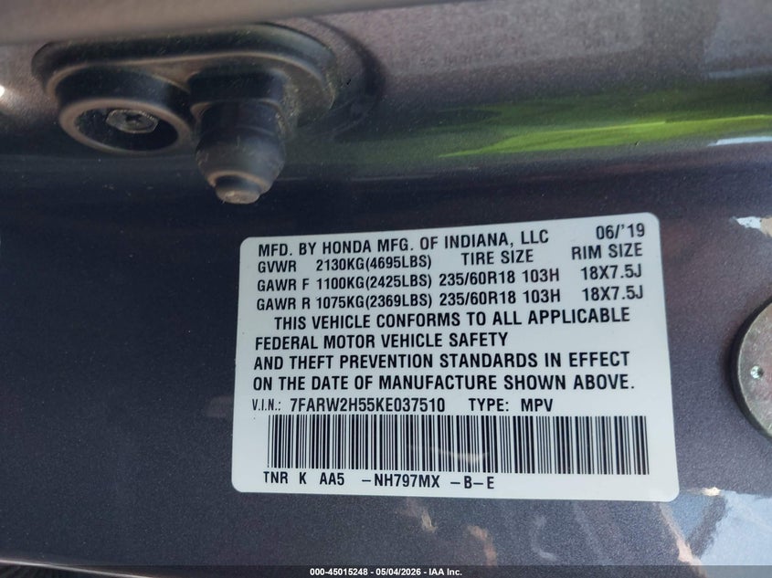 2019 Honda Cr-v VIN 7FARW2H55KE037510 IAAI salvage auction — ROOF, Salvage (Georgia), sold $5,975 on 2026-07-08 (photo 9)