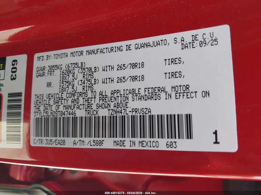 2025 Toyota Tacoma VIN 3TYLC5LN2ST047446 IAAI salvage auction — FRONT & REAR, Original (Texas), sold $30,250 on 2026-07-21 (photo 9)