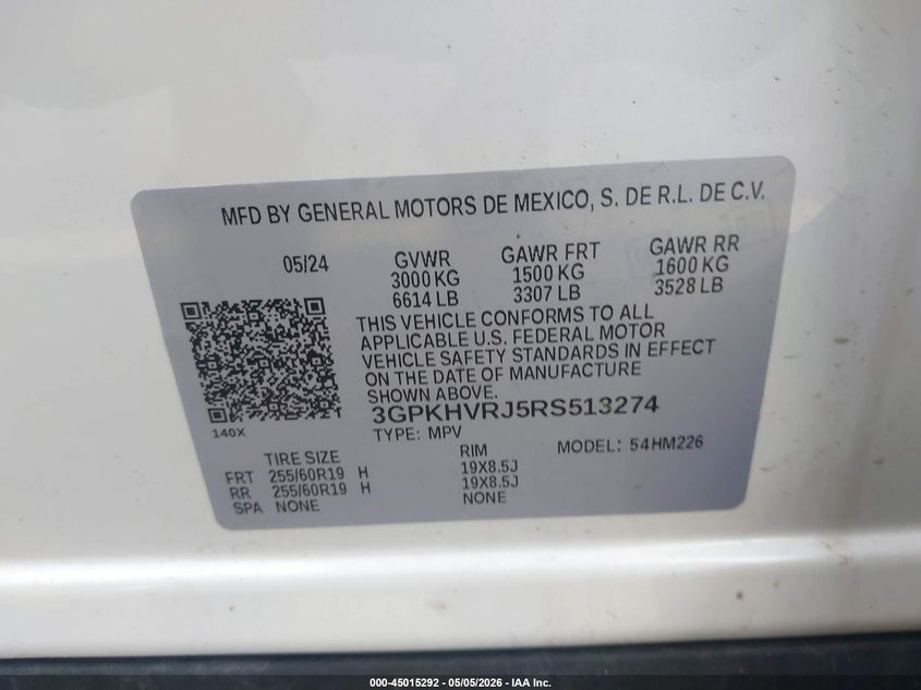 2024 Honda Prologue VIN 3GPKHVRJ5RS513274 IAAI salvage auction — HAIL, Salvage Title, sold $16,075 on 2026-09-01 (photo 9)