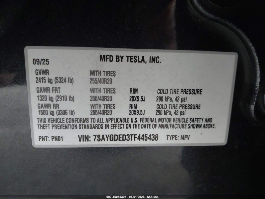 2026 Tesla Model y VIN 7SAYGDED3TF445438 IAAI salvage auction — LEFT FRONT, Salvage (California), sold $10,100 on 2026-07-29 (photo 9)
